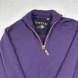Orvis 1/4 Zip Pullover Sweater Small Purple 100% Wool Leather Zipper Very Soft